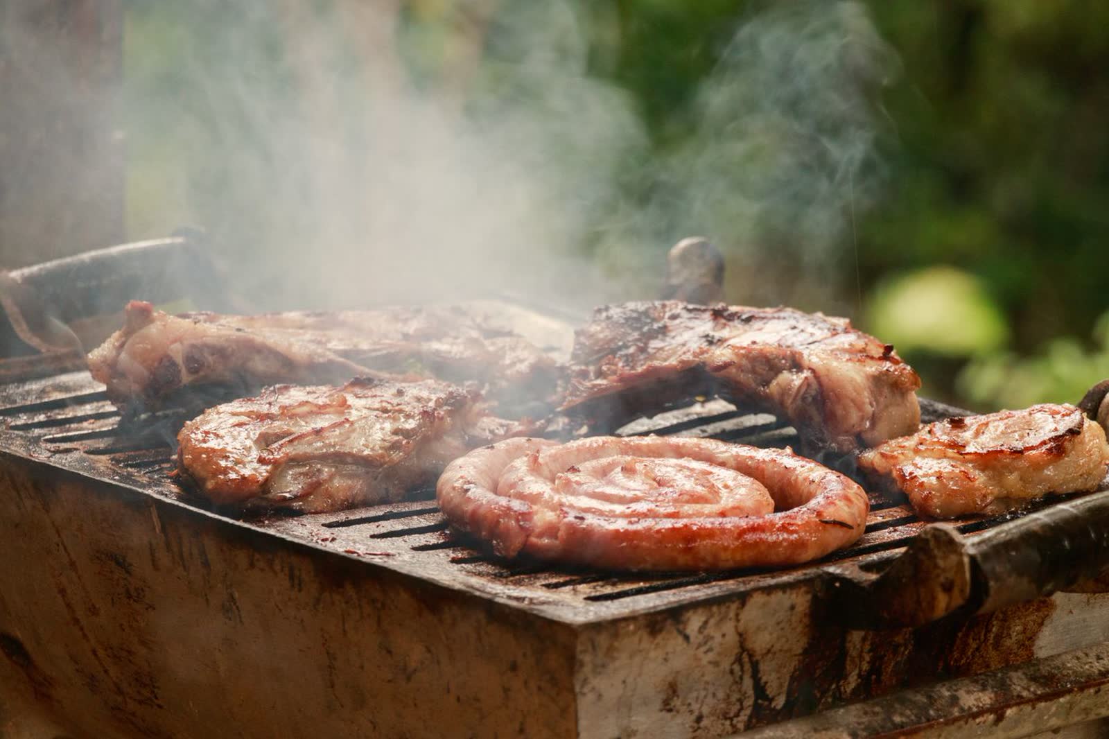 Barbecue cooking over an open grill with smoke rising