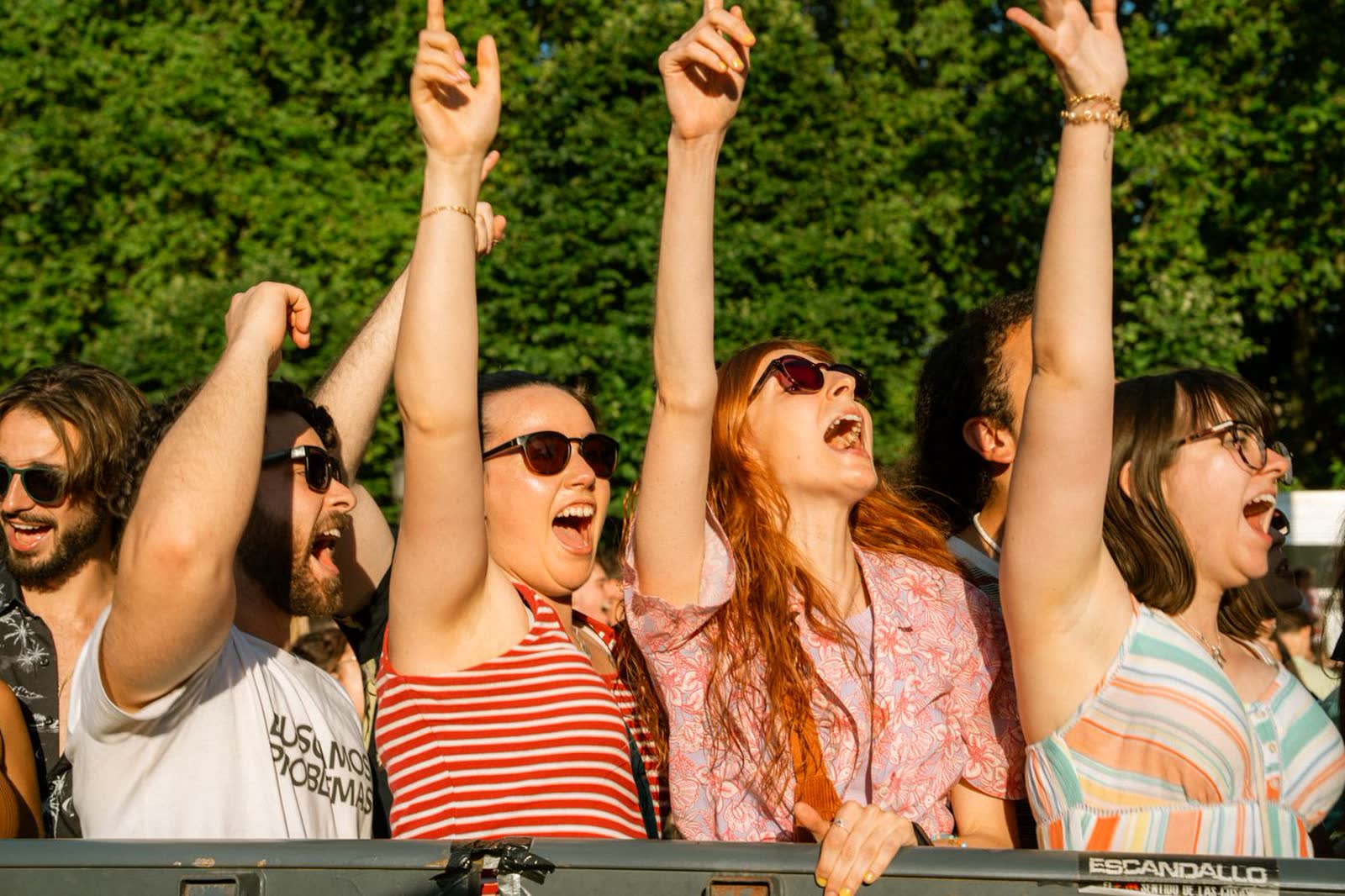 Front row of a festival crowd cheering with arms raised in daylight