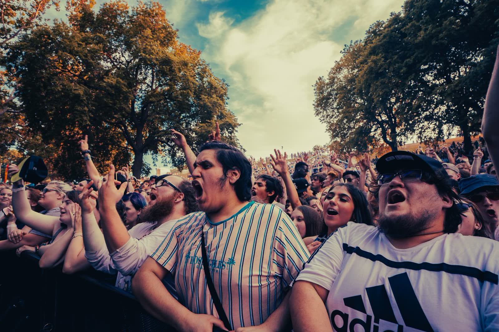 Festival crowd cheering under a bright open sky